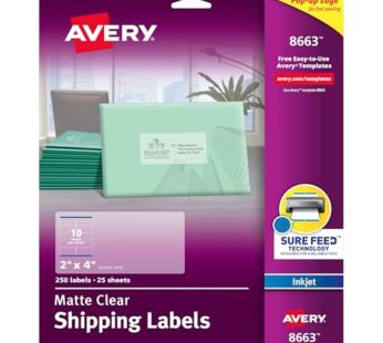 Avery Printable Shipping Labels with Sure Feed, 2″ x 4″, Matte Clear, 250 Blank Mailing La