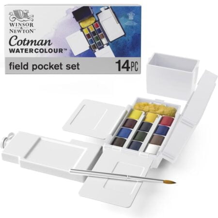 Winsor & Newton Cotman Watercolor Paint Set, Field Pocket Set, 12 Half Pan w/ Brush, Spong