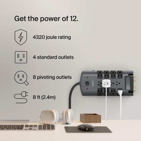 Belkin Surge Protector Power Strip w/ 8 Rotating & 4 Standard Outlets - 8ft Sturdy Extensi - Image 2