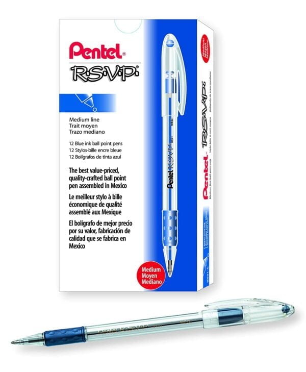 Pentel BK91C R.S.V.P. Stick Ballpoint Pen, 1mm, Trans Barrel, Blue Ink (Pack of 12)