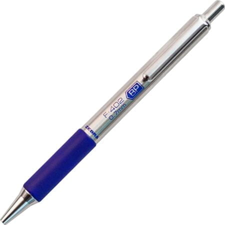 Zebra Pen F-402 Retractable Ballpoint Pen, Stainless Steel Barrel, Fine Point, 0.7mm, Blue