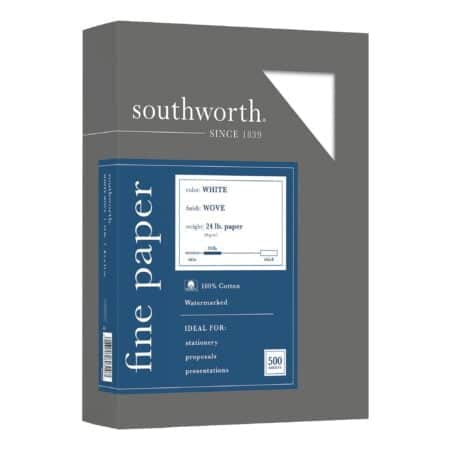 Southworth? 100% Cotton Business Paper, 8 1/2" x 11", 24 Lb, 100% Recycled, White, Box Of