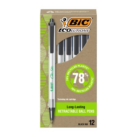 BIC Ecolutions Clic Stic Black Ballpoint Pens, Medium Point (1.0mm), 12-Count Pack, Retrac