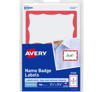 Avery Customizable Name Tags, 2-1/3″ x 3-3/8″, White with Red Border, 100 Removable Name B