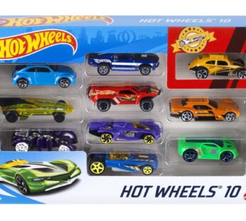 Hot Wheels Set of 10 Toy Cars & Trucks in 1:64 Scale, Race Cars, Semi, Rescue or Construct