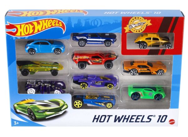 Hot Wheels Set of 10 Toy Cars & Trucks in 1:64 Scale, Race Cars, Semi, Rescue or Construct