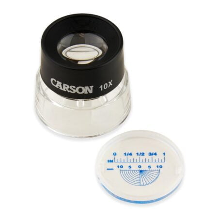 Carson LumiLoupe 10x Power Pre-Focused Stand Magnifier With Dual Lens and Snap-On Reticle