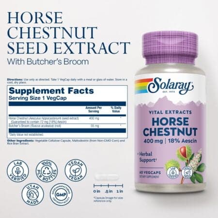 SOLARAY Horse Chestnut Seed Extract 400mg - Standardized 72 mg Aescin 18% with 55 mg of Bu - Image 2