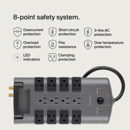 Belkin Surge Protector Power Strip w/ 8 Rotating & 4 Standard Outlets - 8ft Sturdy Extensi - Image 3