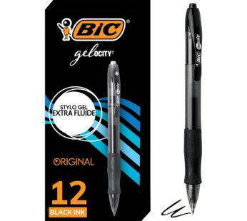 BIC Gelocity Original Black Gel Pens, Medium Point (0.7mm), 12-Count Pack, Retractable Gel