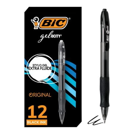 BIC Gelocity Original Black Gel Pens, Medium Point (0.7mm), 12-Count Pack, Retractable Gel