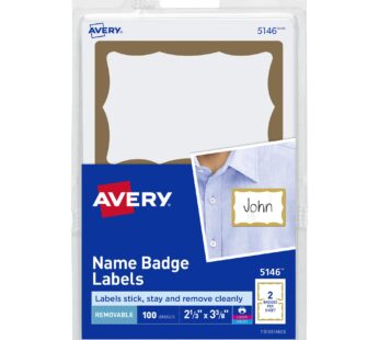 Avery Customizable Name Tags, 2-1/3″ x 3-3/8″, White with Gold Border, 100 Removable Name