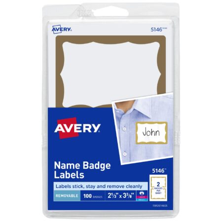 Avery Customizable Name Tags, 2-1/3" x 3-3/8", White with Gold Border, 100 Removable Name