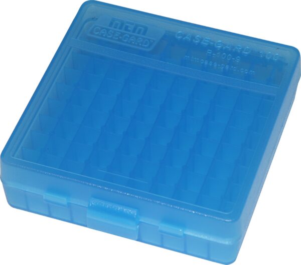 MTM P-100-9-24 Ammo Box 100 Round Flip-Top 9mm 380 ACP, Clear Blue , ?5 x 5 x 5"