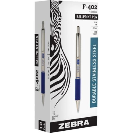 Zebra Pen F-402 Retractable Ballpoint Pen, Stainless Steel Barrel, Fine Point, 0.7mm, Blue - Image 2