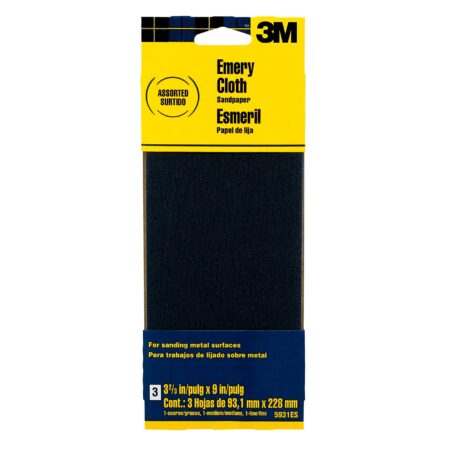 3M Emery Cloth Sandpaper, For Sanding Metal Surfaces, 3 Sheets, 3.67-in x 9-in, Assorted G