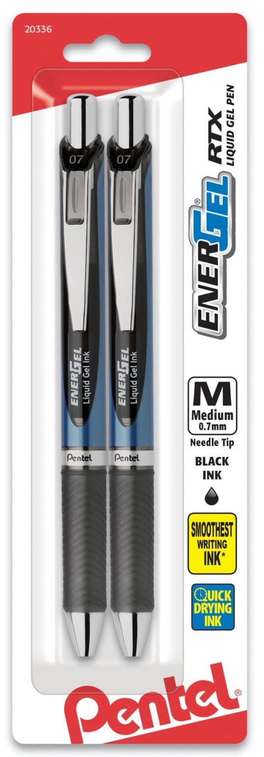 Pentel EnerGel Deluxe RTX Retractable Liquid Gel Pen, 0.7mm, Needle Tip, Black Ink, 2 pack