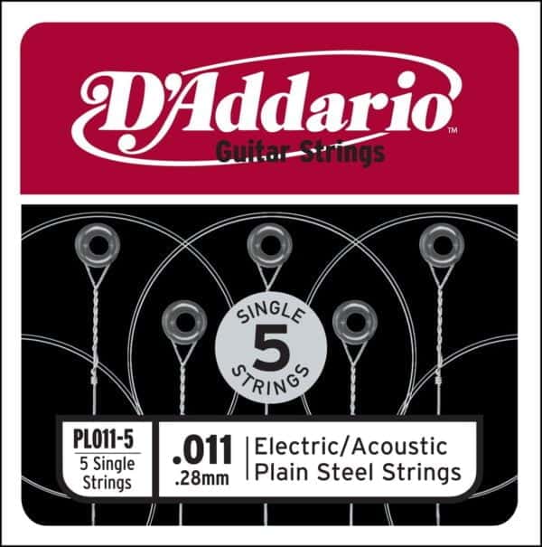 D'Addario PL011-5 Plain Steel Guitar Single String, 011 5-pack