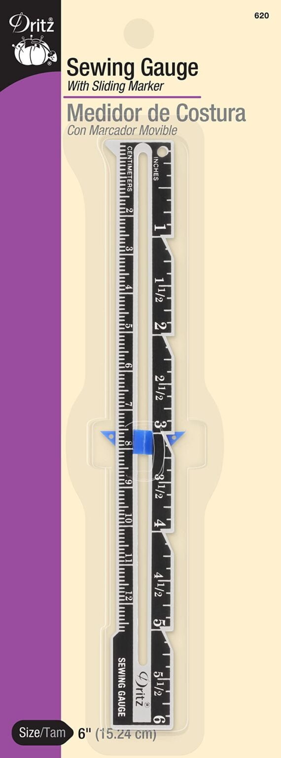 Dritz 6" Sliding Marker Sewing Gauge, Nickel with Black Printing and Blue Slider