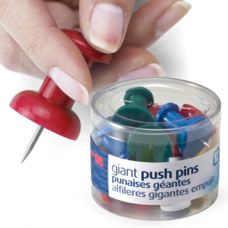 Officemate Giant Push Pins 1.5 Inch, Assorted Colors, Tub of 12 (92902)