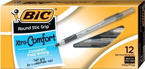 BIC Round Stic Grip Xtra Comfort Ballpoint Pen, Fine Point (0.8mm), Black, 12-Count