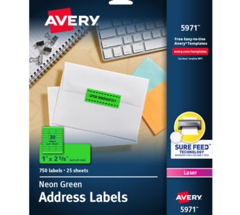 Avery Printable Address Labels with Sure Feed, 1″ x 2-5/8″, Neon Green, 750 Blank Mailing