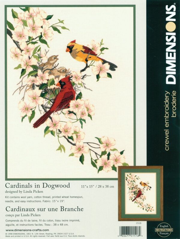 Dimensions Red Cardinal In Dogwood Crewel Embroidery Kit, 11'' W x 15'' H - Image 2