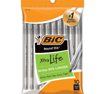 BIC Round Stic Xtra Life Ballpoint Pen, Medium Point (1.0mm), Black, 10-Count