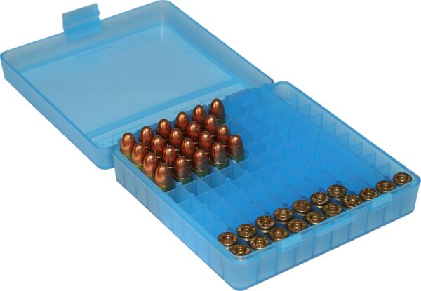 MTM P-100-9-24 Ammo Box 100 Round Flip-Top 9mm 380 ACP, Clear Blue , ?5 x 5 x 5" - Image 2