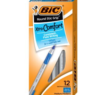 BIC Round Stic Grip Xtra Comfort Blue Ballpoint Pens, Medium Point (1.2mm), 12-Count Pack,