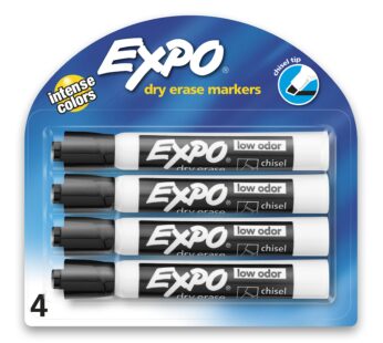 EXPO Low Odor Dry Erase Markers, Chisel Tip, Black, 4 Count