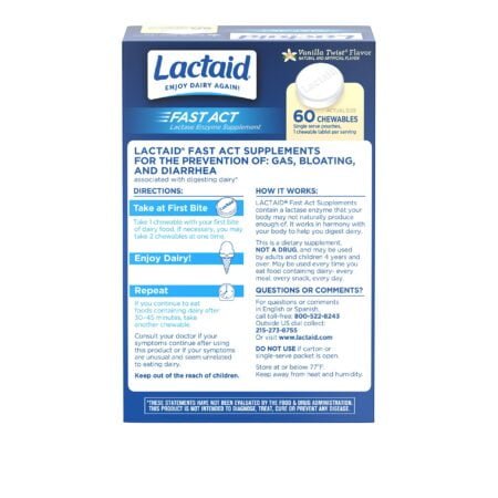 Lactaid Fast Act Lactose Intolerance Chewables with Lactase Enzymes, Vanilla, 60 Count (Pa - Image 7