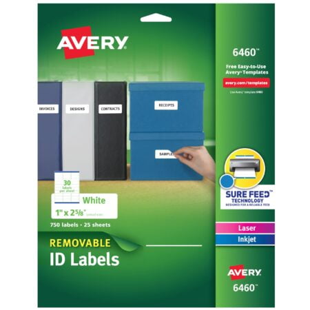 Avery Removable ID Labels, Sure Feed Technology, Removable Adhesive, 1" x 2-5/8", 750 Labe
