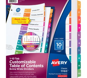 Avery Extra-Wide Ready Index Dividers for 3 Ring Binders, 10 Tab Set, Printable Table of C