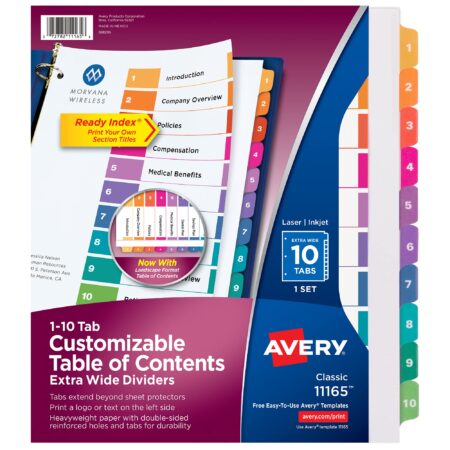 Avery Extra-Wide Ready Index Dividers for 3 Ring Binders, 10 Tab Set, Printable Table of C