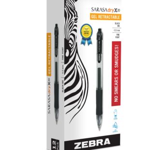 Zebra Pen Sarasa Dry X20 Retractable Gel Pen, Fine Point, 0.5mm, Black Ink, 12-Pack