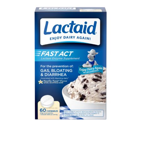 Lactaid Fast Act Lactose Intolerance Chewables with Lactase Enzymes, Vanilla, 60 Count (Pa