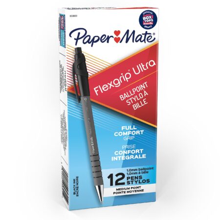 Paper Mate FlexGrip Ultra Retractable Ballpoint Pens, Medium Point, Black, Box of 12