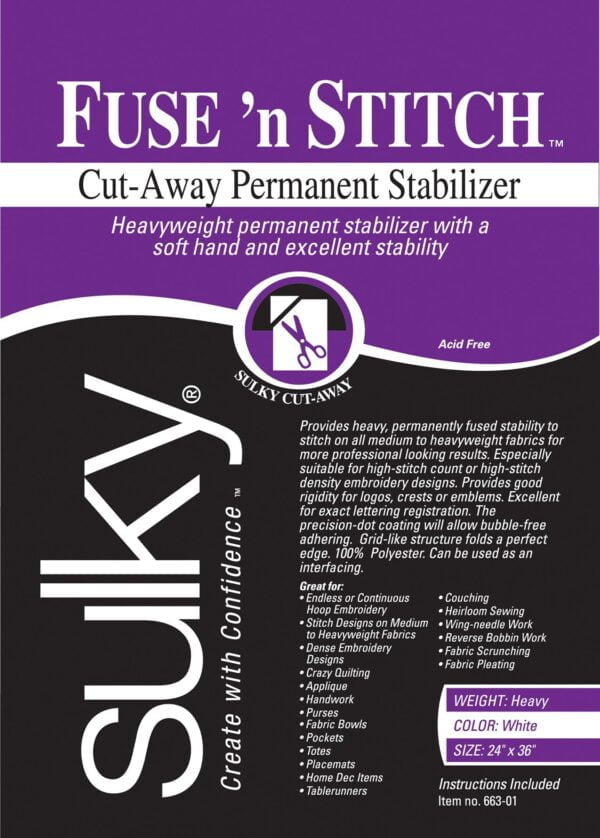 Sulky 102744 Fuse 'n Stitch Cut-Away Permanent Stabilizer, 24"X36",White