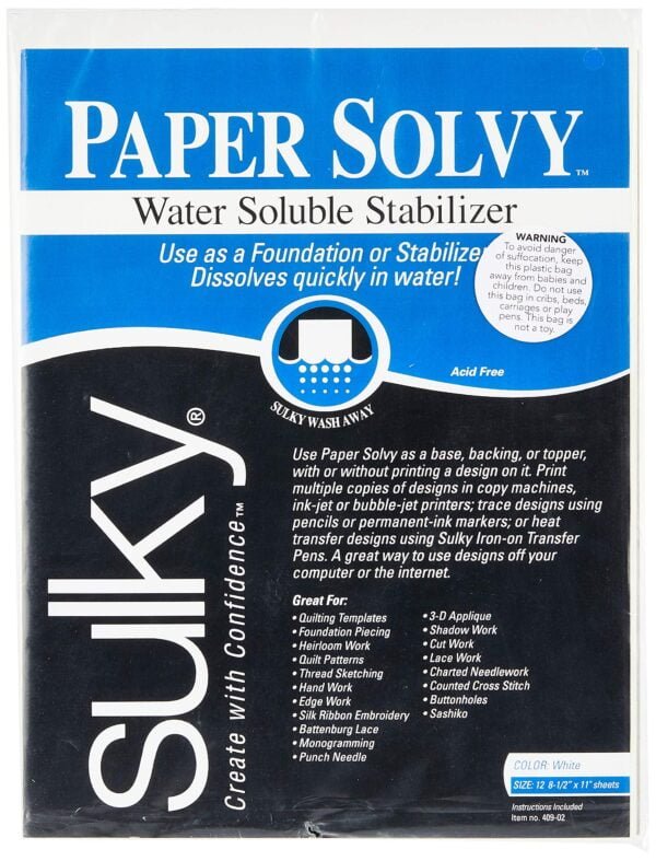 Sulky 409-02 Paper Solvy Water Soluble Fabric Stabilizer, 8-1/2 by 11-Inch, 12 Per Package