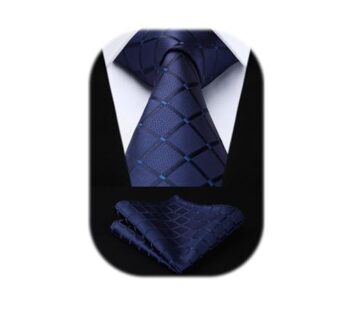 HISDERN Plaid Blue Tie Handkerchief Woven Classic Men’s Necktie & Pocket Square Set,Navy B
