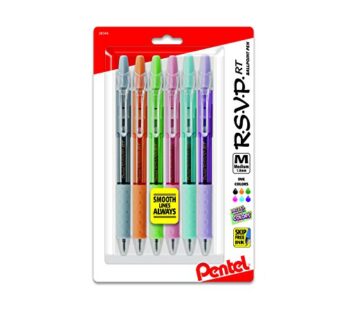 Pentel RSVP RT Pastel Barrel, Retractable Ballpoint Pen, (1.0mm) Med, Assorted Ink (6-Pk)