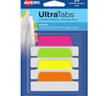 Avery Margin Ultra Tabs, 2.5″ x 1″, 2-Side Writable, Assorted Neon Color, 24 Repositionabl