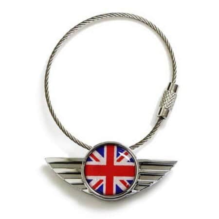 iJDMTOY Chrome Polished Alloy Metal Classic Red/Blue UK Union Jack Wing Shape Key Chain Ri