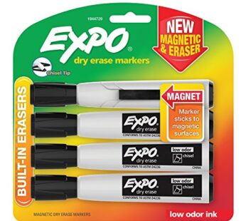 Expo Magnetic Dry Erase Markers with Eraser, Chisel Tip, Black, 4 Count