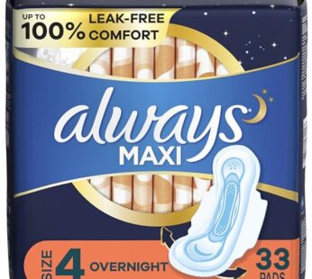 Always Maxi Pads Size 4 Overnight Absorbency Unscented with Wings, 33 Count
