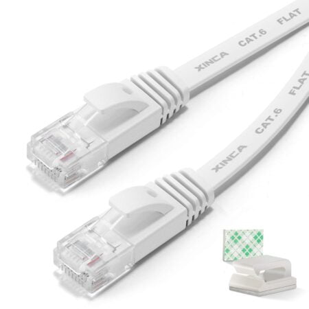 XINCA Cat6 Ethernet Cable 25 ft White Gigabit Flat Network LAN Cable with 10 pcs Cable Cli