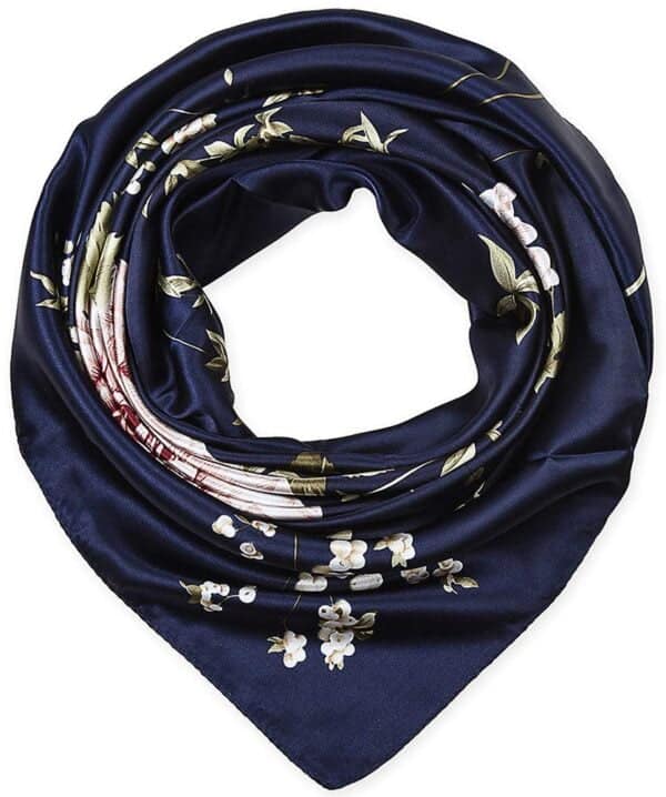 corciova 35 Large Women Satin Square Silk Like Hair Scarf Wrap Headscarf Navy Floral Curly