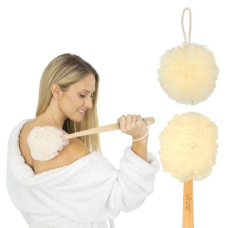 Vive Long Handle Loofah Back & Body Scrubber (Men & Women) - Exfoliating Shower Sponge On