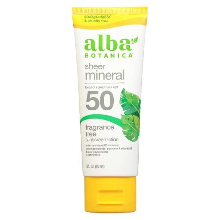 Alba Botanica Sheer Mineral Sunscreen Lotion, Broad Spectrum SPF 50, Fragrance Free, 3 fl